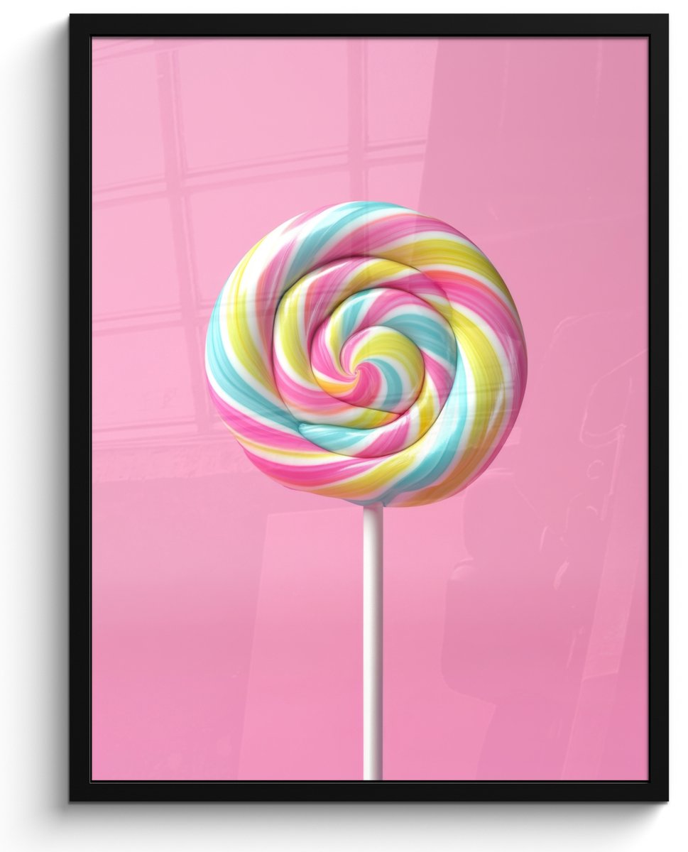 FrameYourWall Poster in lijst - Fotolijst 50x70 cm - Posters - Lolly - Roze - Snoep - Zoet - Posterlijst zwart - Decoratie - Wanddecoratie woonkamer - Muurdecoratie slaapkamer Kleurrijke lolly