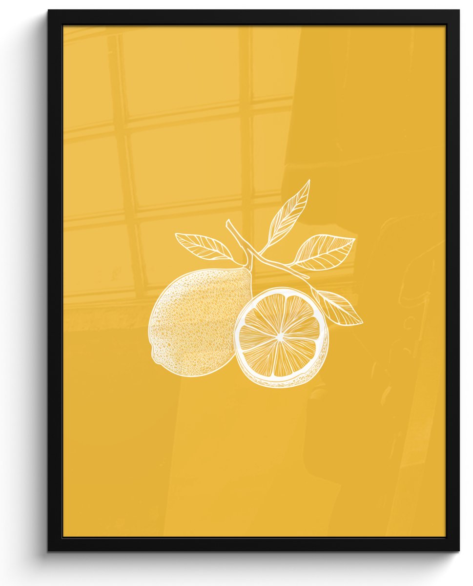 FrameYourWall Poster in lijst - Fotolijst 50x70 cm - Posters - Citroenen - Illustratie - Minimalistisch - Geel - Posterlijst zwart - Decoratie - Wanddecoratie woonkamer - Muurdecoratie slaapkamer