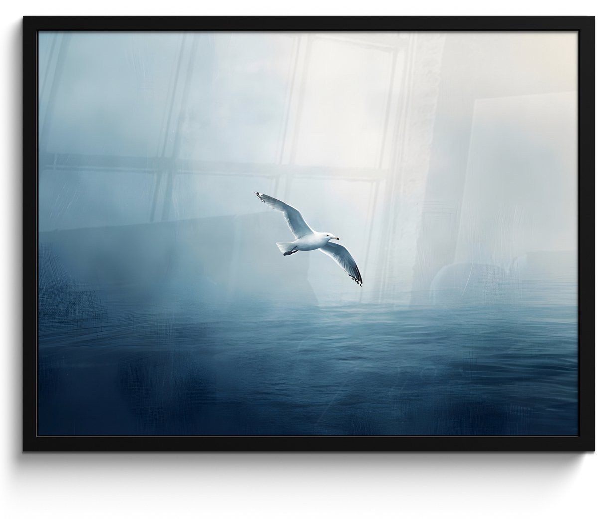 FrameYourWall Poster in lijst - Fotolijst 70x50 cm - Posters - Meeuw - Wit - Zee - Mistig - Posterlijst zwart - Decoratie - Wanddecoratie woonkamer - Muurdecoratie slaapkamer