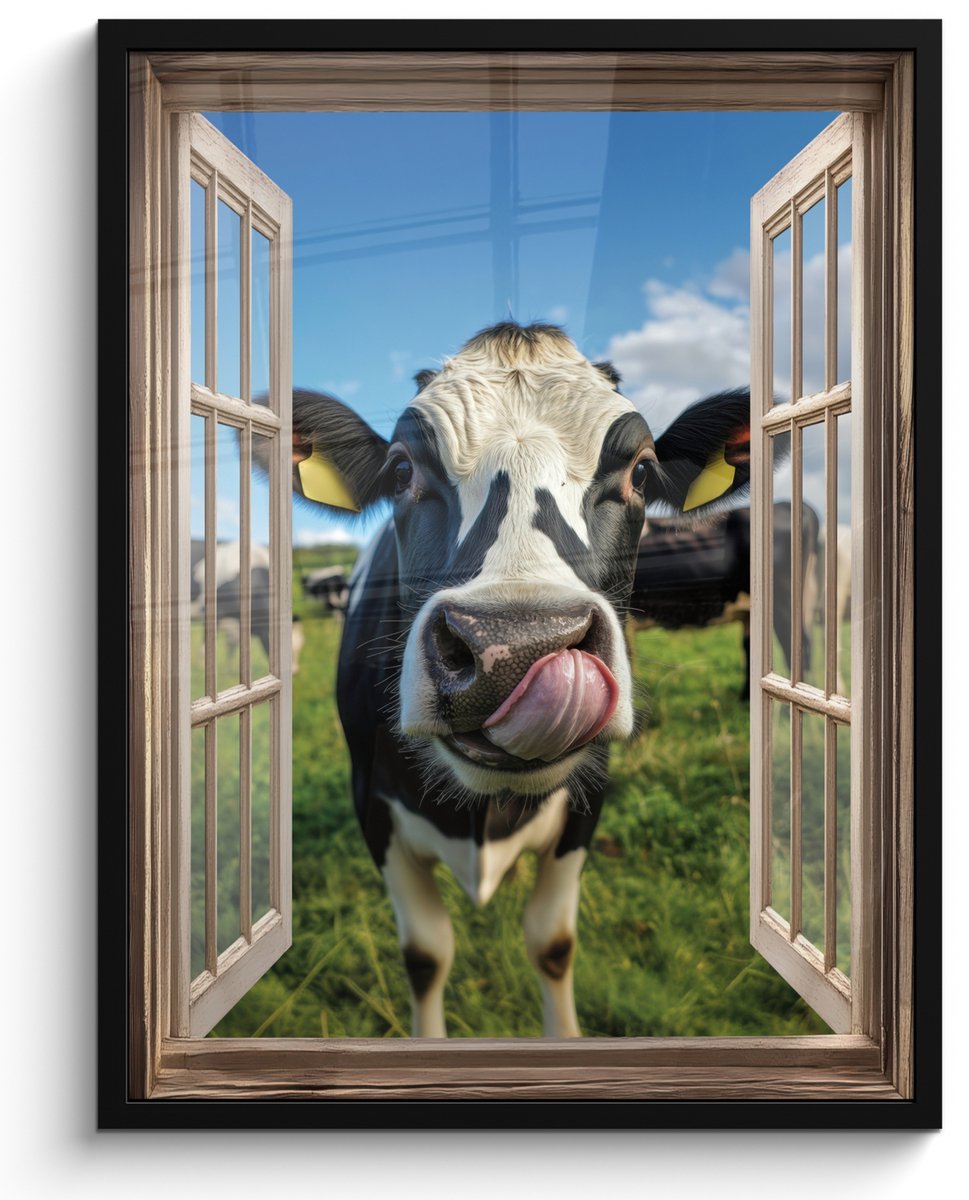 FrameYourWall Poster in lijst - Fotolijst 50x70 cm - Posters - Doorkijk - Koe - Weiland - Dieren - Natuur - Posterlijst zwart - Decoratie - Wanddecoratie woonkamer - Muurdecoratie slaapkamer