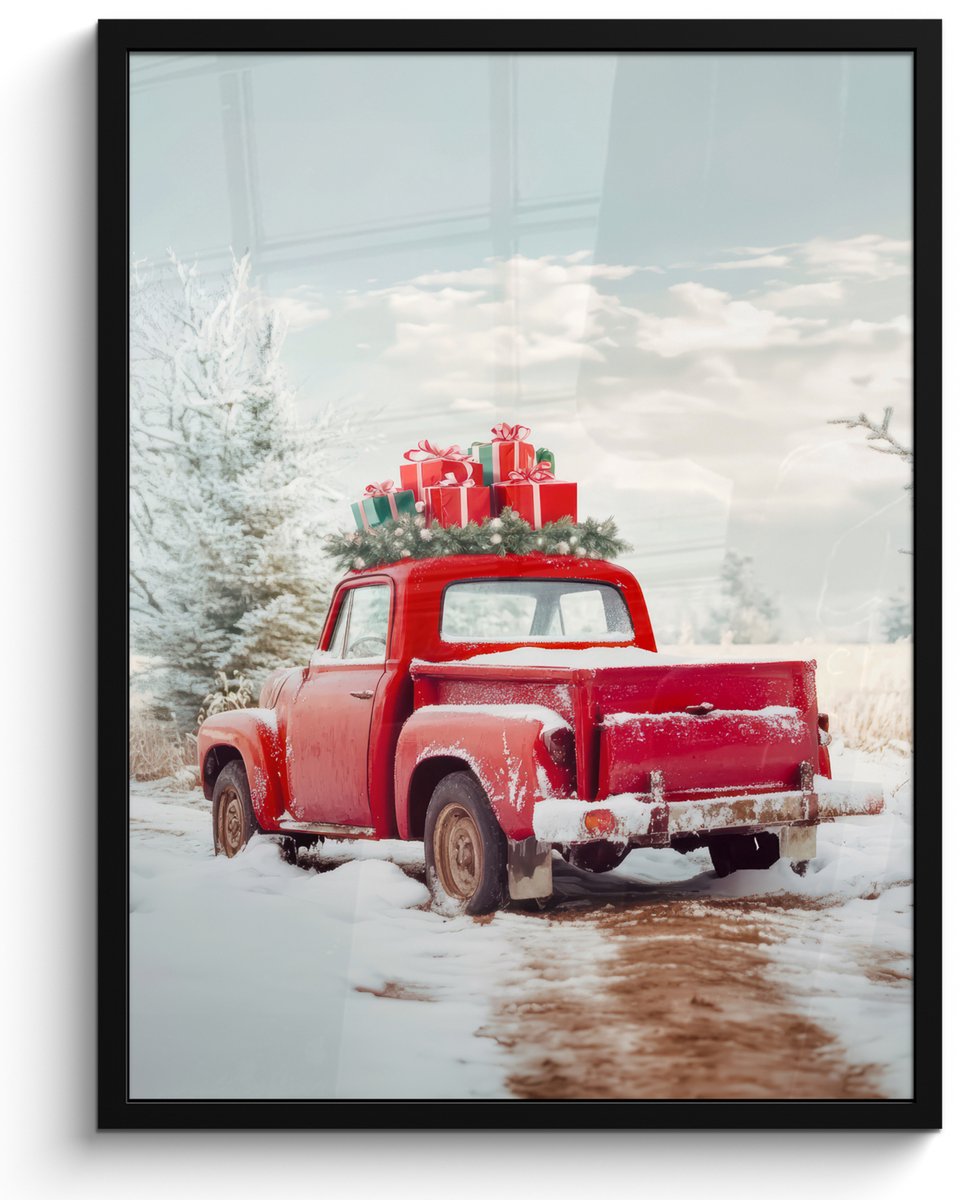 FrameYourWall Poster in lijst - Fotolijst 50x70 cm - Posters - Auto - Rood - Cadeaus - Winter - Sneeuw - Kerst - Posterlijst zwart - Decoratie - Wanddecoratie woonkamer - Muurdecoratie slaapkamer - Kerstversiering - Kerstdecoratie voor binnen - Kerstmis