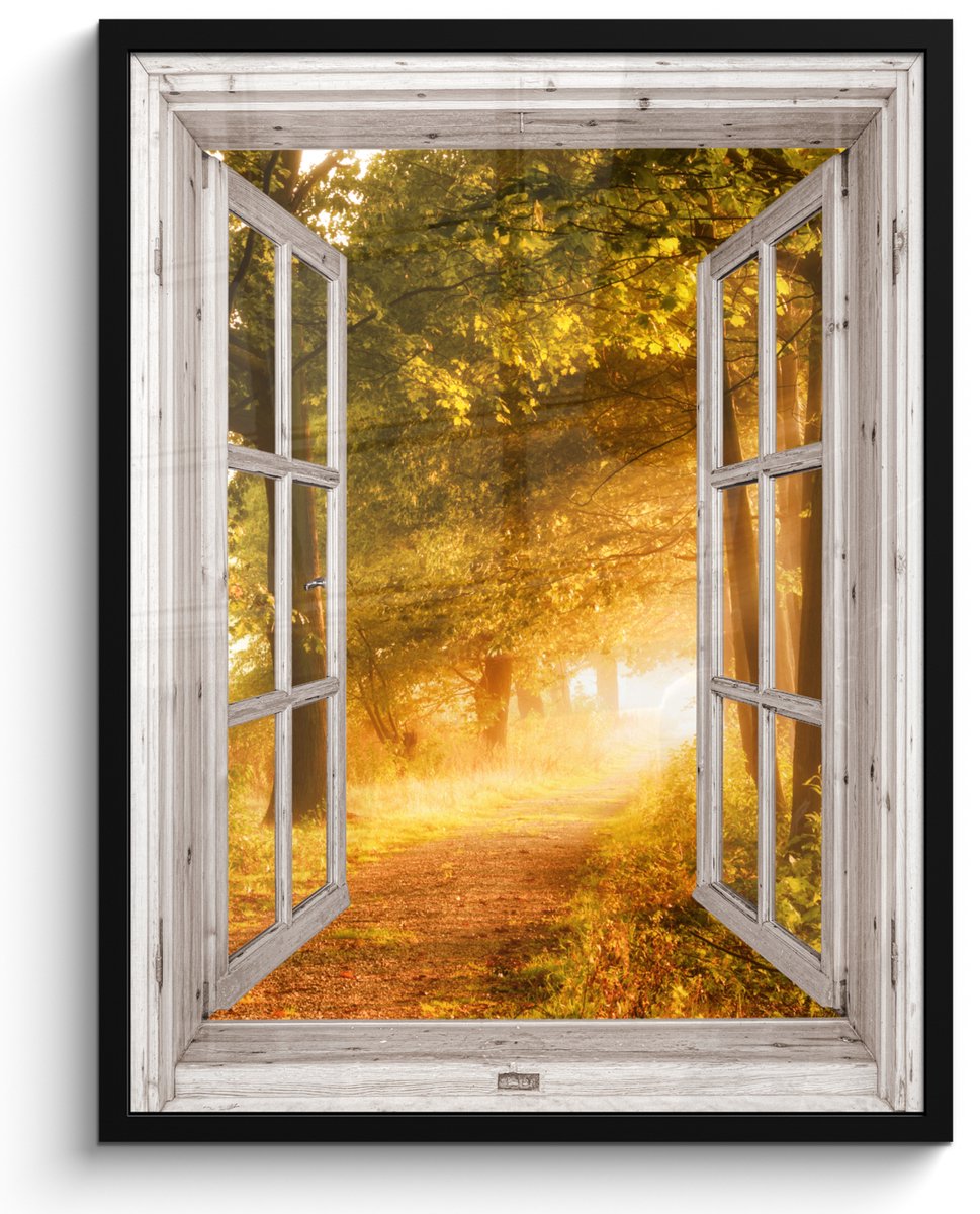 FrameYourWall Poster in lijst - Fotolijst 50x70 cm - Posters - Bos - Bomen - Zonlicht - Herfst - Bospad - Natuur - Doorkijk - Posterlijst zwart - Decoratie - Wanddecoratie woonkamer - Muurdecoratie slaapkamer