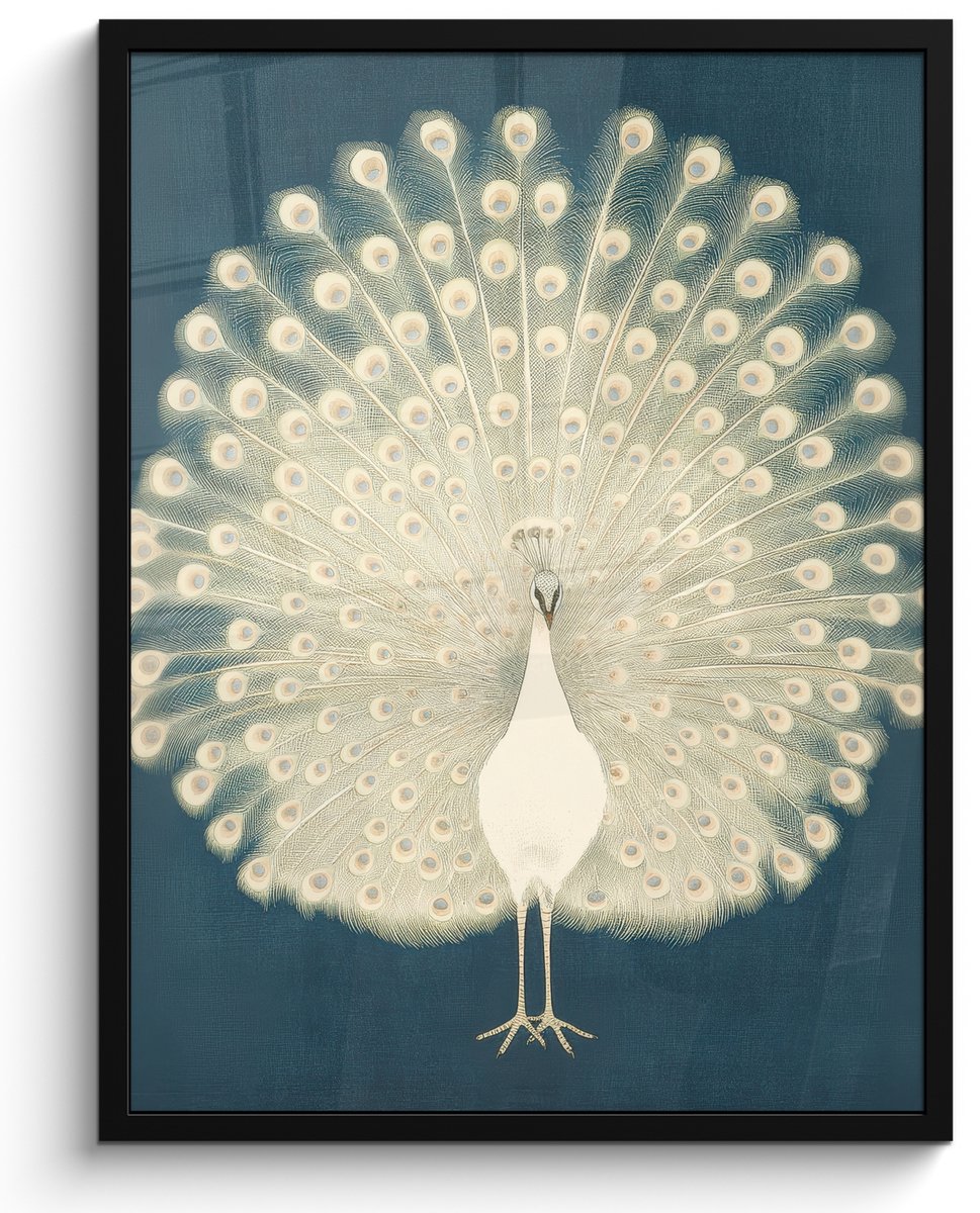FrameYourWall Poster in lijst - Fotolijst 50x70 cm - Posters - Vogel - Blauw - Vintage - Posterlijst zwart - Decoratie - Wanddecoratie woonkamer - Muurdecoratie slaapkamer Pauw