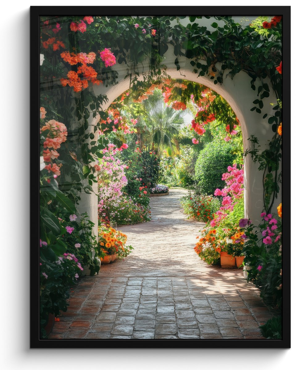 FrameYourWall Poster in lijst - Fotolijst 50x70 cm - Posters - Doorkijk - Bloemen - Natuur - Bloementuin - Posterlijst zwart - Decoratie - Wanddecoratie woonkamer - Muurdecoratie slaapkamer Boog - Bloemen
