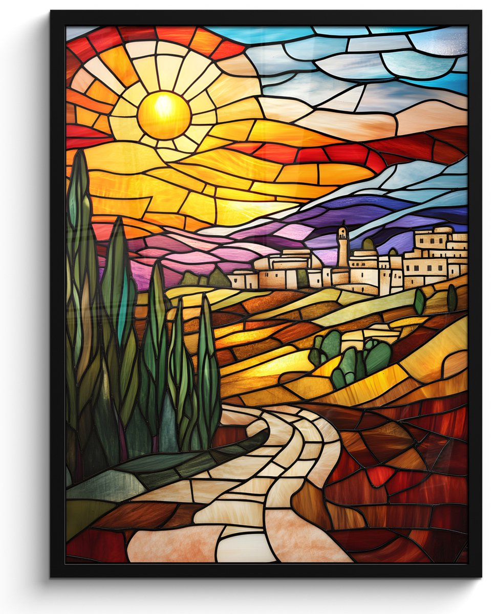 FrameYourWall Poster in lijst - Fotolijst 50x70 cm - Posters - Mozaïek - Zon - Landschap - Dorp - Posterlijst zwart - Decoratie - Wanddecoratie woonkamer - Muurdecoratie slaapkamer Zon - Landschap - Mozaïek
