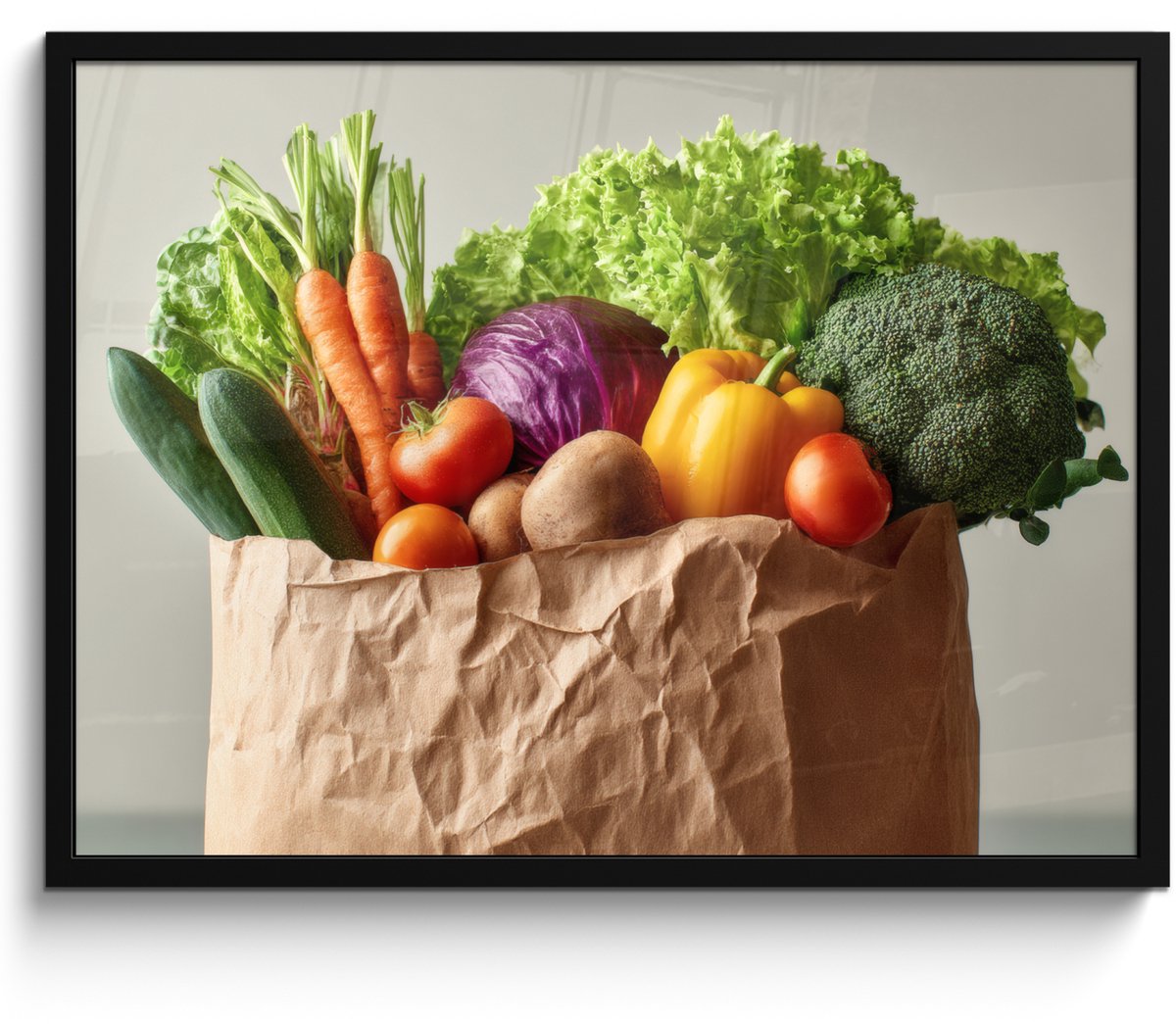 FrameYourWall Poster in lijst - Fotolijst 70x50 cm - Posters - Papieren - Boodschappen - Groente - Kleurrijk - Posterlijst zwart - Decoratie - Wanddecoratie woonkamer - Muurdecoratie slaapkamer Groente - Tas