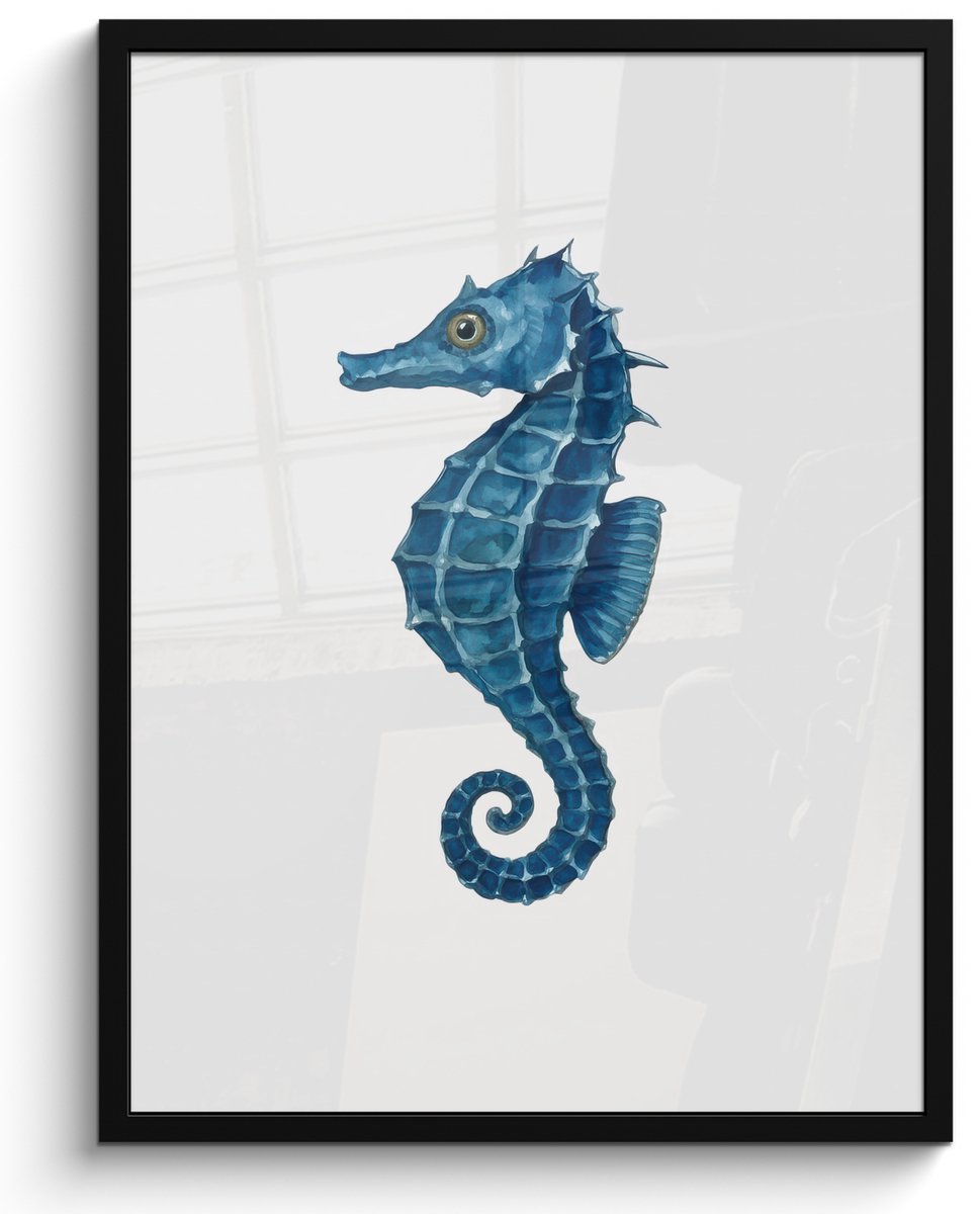 FrameYourWall Poster in lijst - Fotolijst 50x70 cm - Posters - Zeepaardje - Staart - Blauw - Posterlijst zwart - Decoratie - Wanddecoratie woonkamer - Muurdecoratie slaapkamer