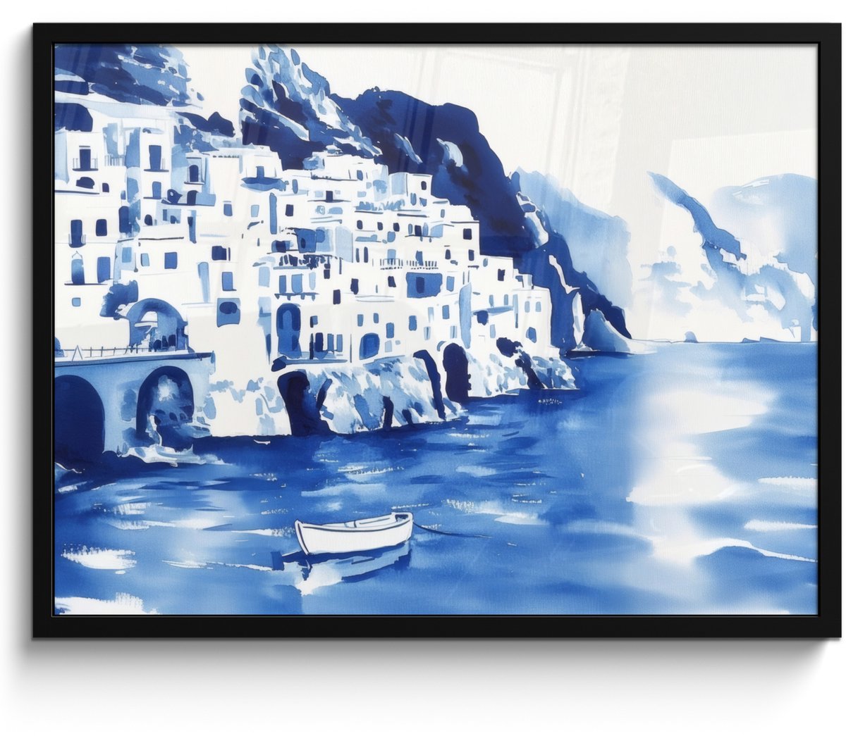 FrameYourWall Poster in lijst - Fotolijst 70x50 cm - Posters - Dorp - Rotswand - Roeiboot - Water - Posterlijst zwart - Decoratie - Wanddecoratie woonkamer - Muurdecoratie slaapkamer Dorp - Water - Roeiboot