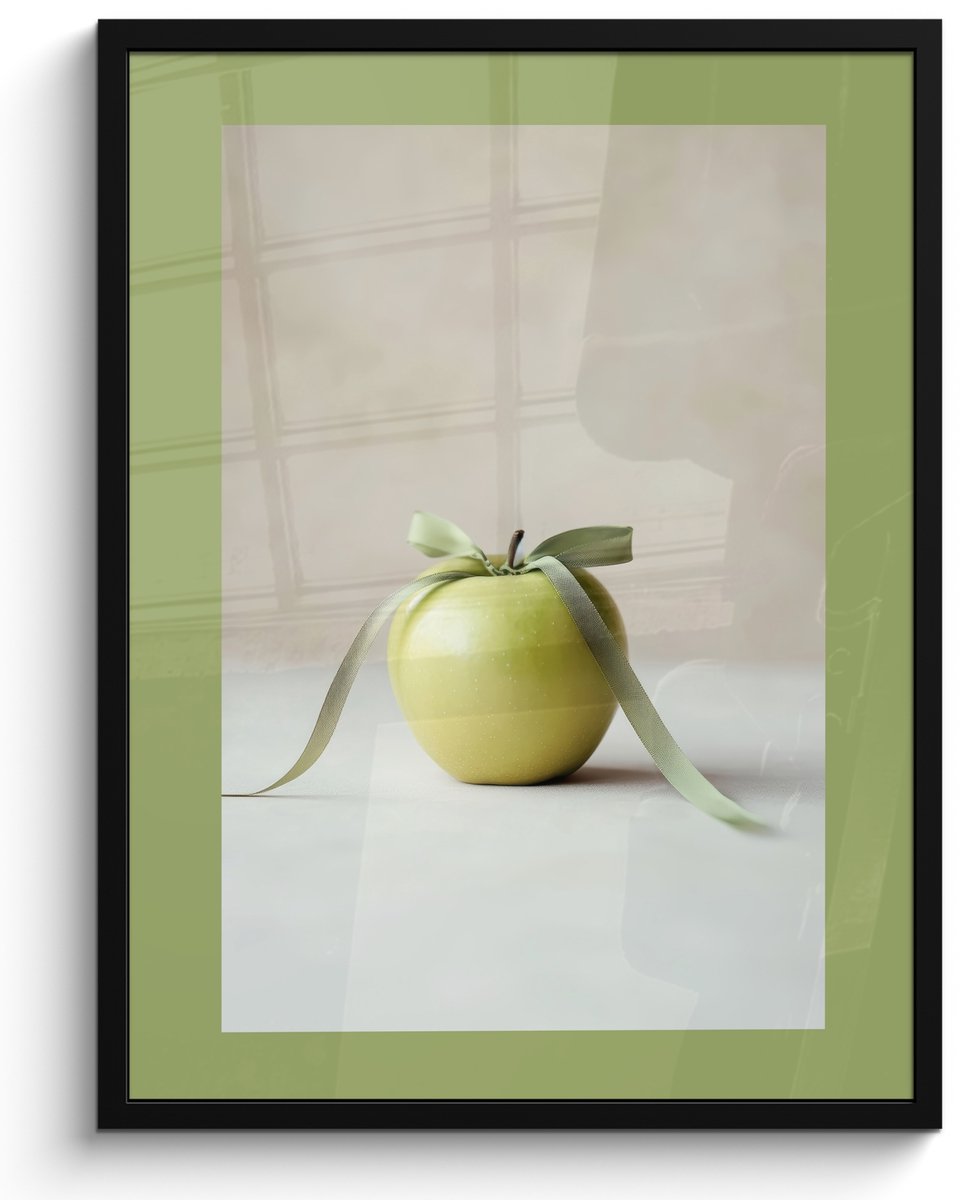 FrameYourWall Fotolijst inclusief poster - Posterlijst 50x70 cm - Posters - Groen - Appel - Strikje - Foto in lijst - Keuken decoratie muur - Wanddecoratie accessoires - Muurdecoratie - Schilderijen Appel - Stilleven