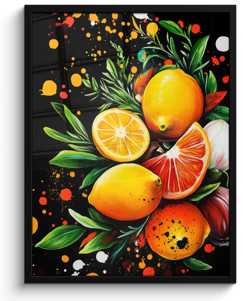 FrameYourWall Poster in lijst - Fotolijst 50x70 cm - Posters - Citroenen - Zwart - Kruiden - Graffiti - Verf - Posterlijst zwart - Decoratie - Wanddecoratie woonkamer - Muurdecoratie slaapkamer Graffiti - Fruit