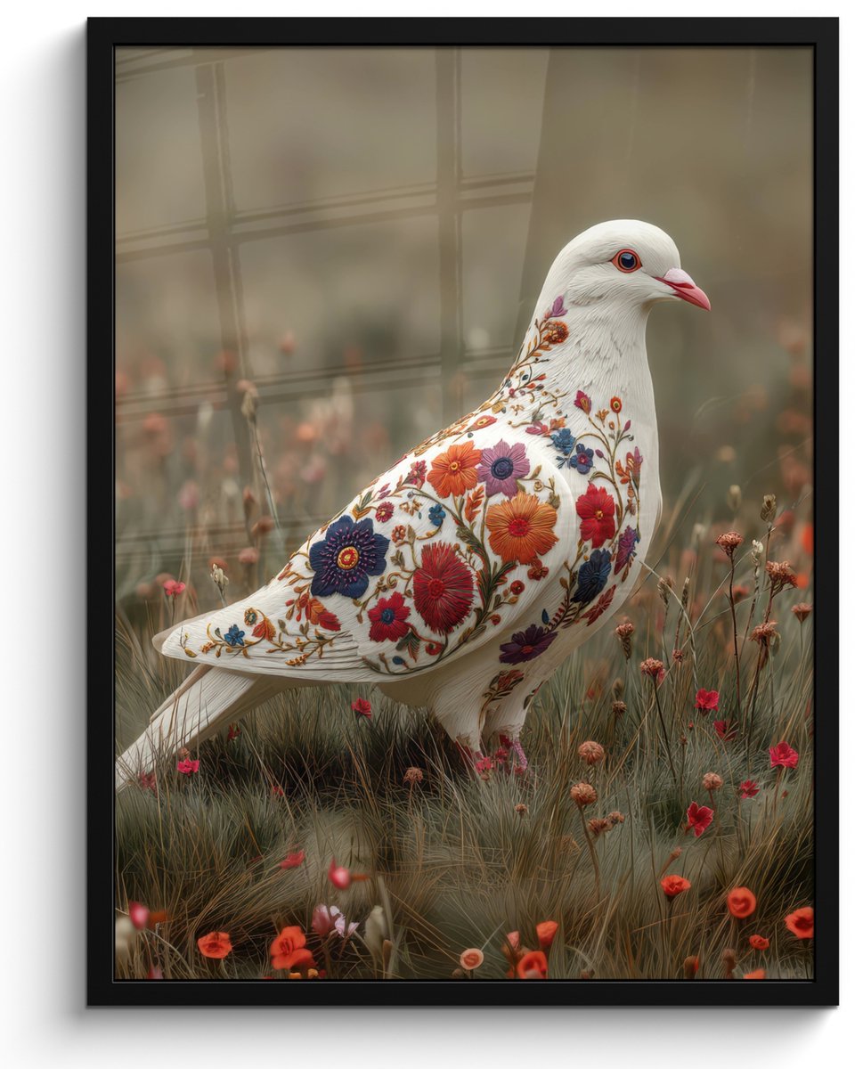 FrameYourWall Poster in lijst - Fotolijst 50x70 cm - Posters - Duif - Bloemen - Natuur - Posterlijst zwart - Decoratie - Wanddecoratie woonkamer - Muurdecoratie slaapkamer