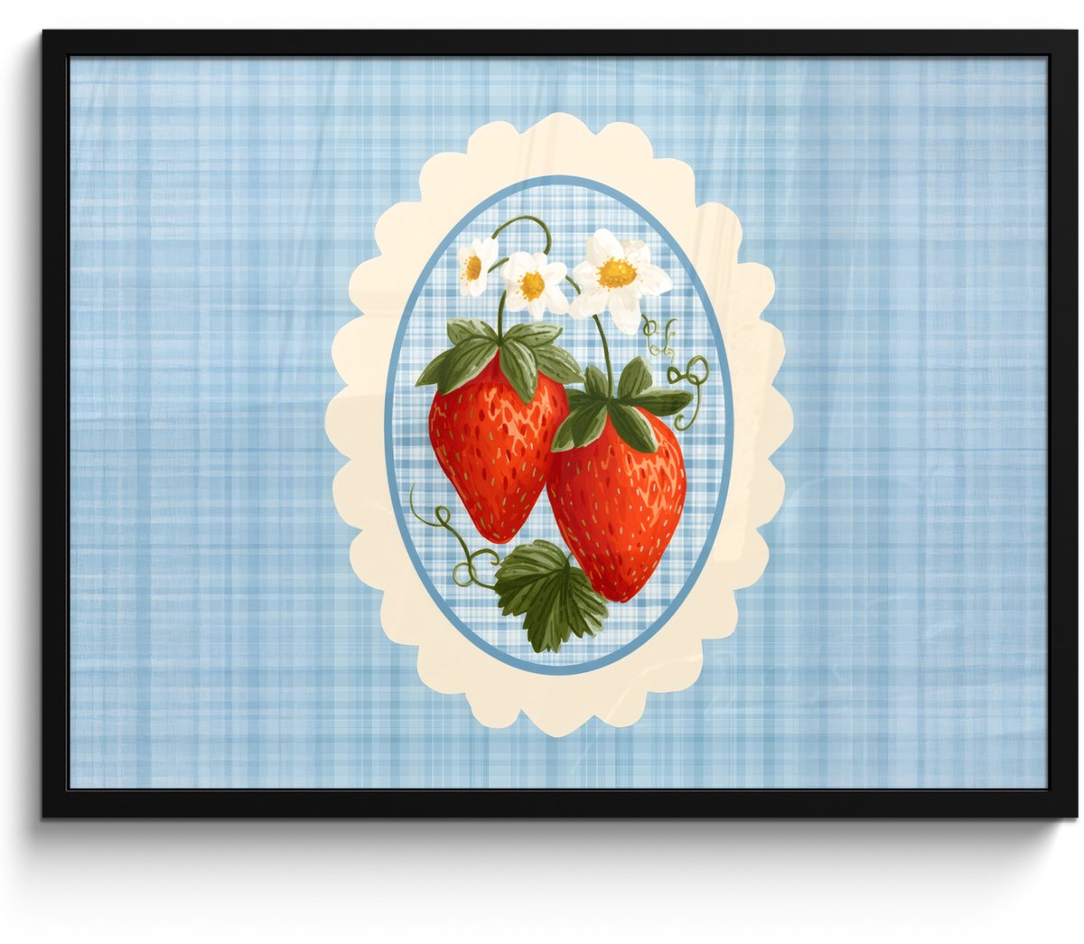 FrameYourWall Poster in lijst - Fotolijst 70x50 cm - Posters - Aardbeien - Lijst - Rood - Geruit - Posterlijst zwart - Decoratie - Wanddecoratie woonkamer - Muurdecoratie slaapkamer