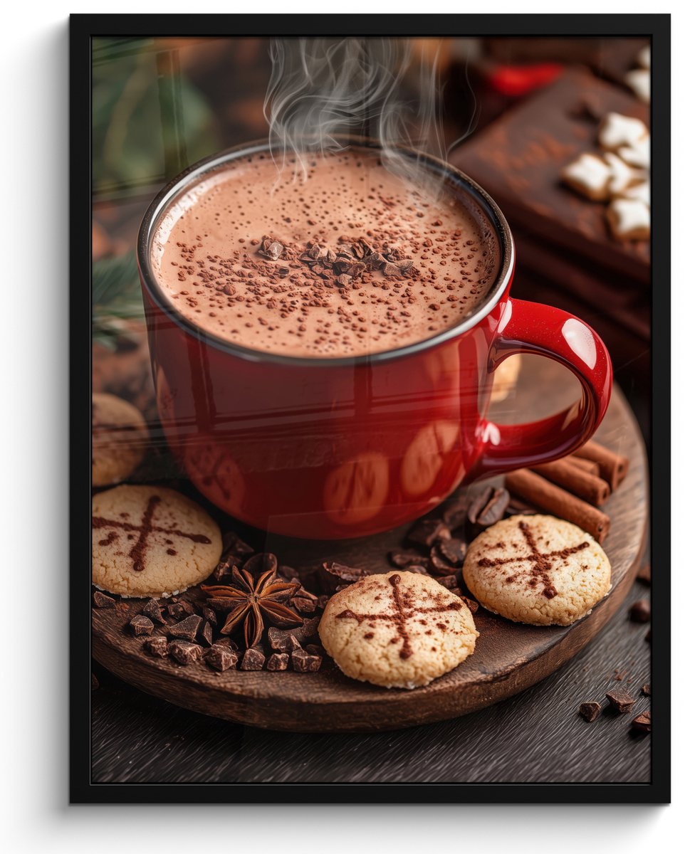 FrameYourWall Poster in lijst - Fotolijst 50x70 cm - Posters - Chocolademelk - Mok - Winter - Kerst - Gezelligheid - Posterlijst zwart - Decoratie - Wanddecoratie woonkamer - Muurdecoratie slaapkamer - Kerstversiering - Kerstdecoratie voor binnen - Kerstmis Kerstmok - Winter