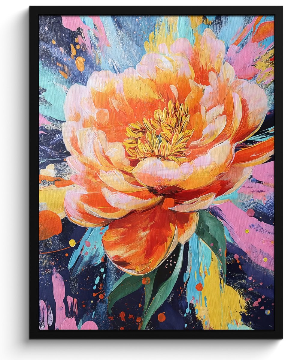 FrameYourWall Poster in lijst - Fotolijst 50x70 cm - Posters - Bloemexplosie - Felle spatten - Dynamisch - Posterlijst zwart - Decoratie - Wanddecoratie woonkamer - Muurdecoratie slaapkamer Bloemenexplosie - Dynamisch
