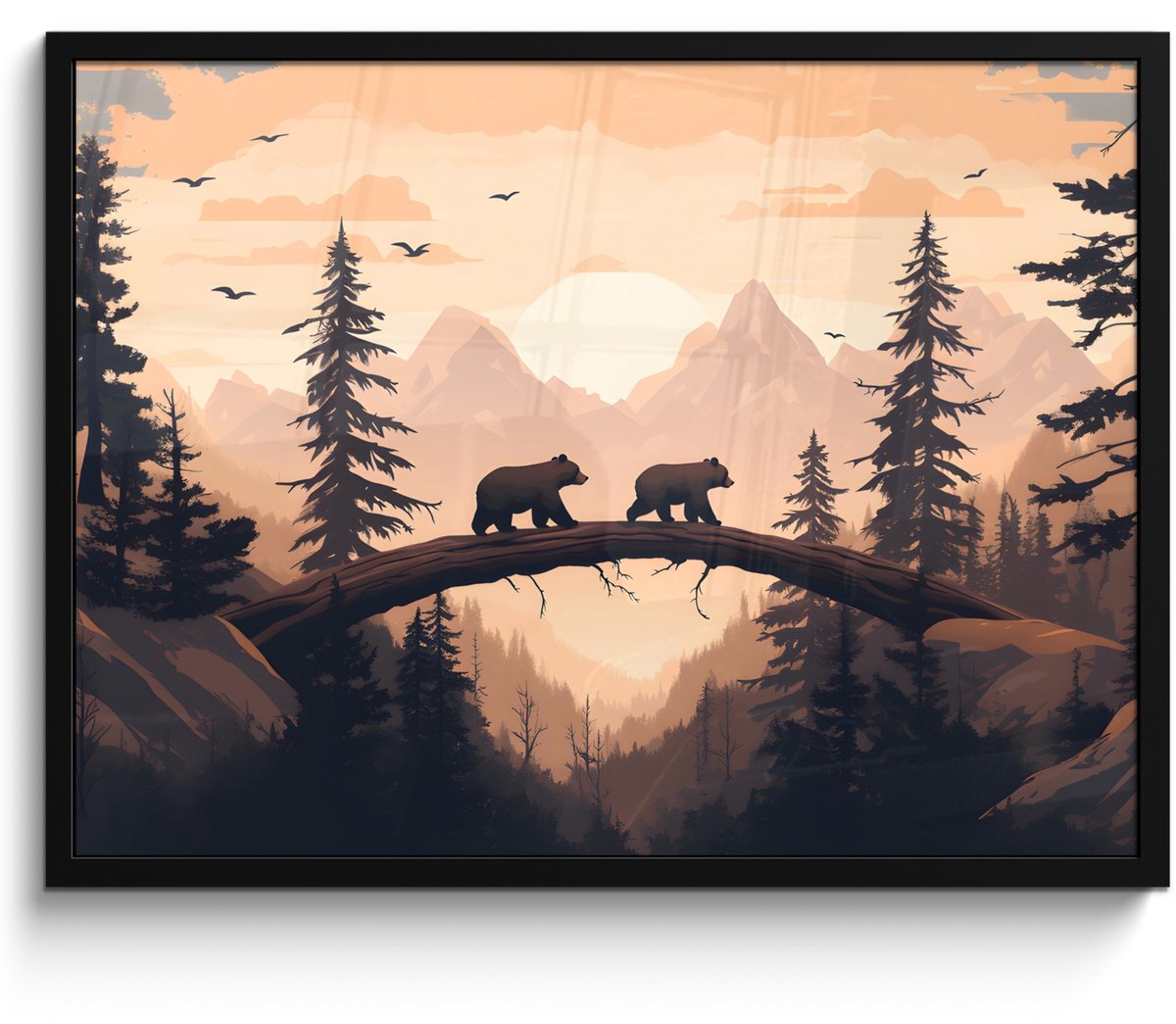 FrameYourWall Poster in lijst - Fotolijst 70x50 cm - Posters - Beren - Bomen - Landschap - Zonsondergang - Posterlijst zwart - Decoratie - Wanddecoratie woonkamer - Muurdecoratie slaapkamer Beren - Landschap