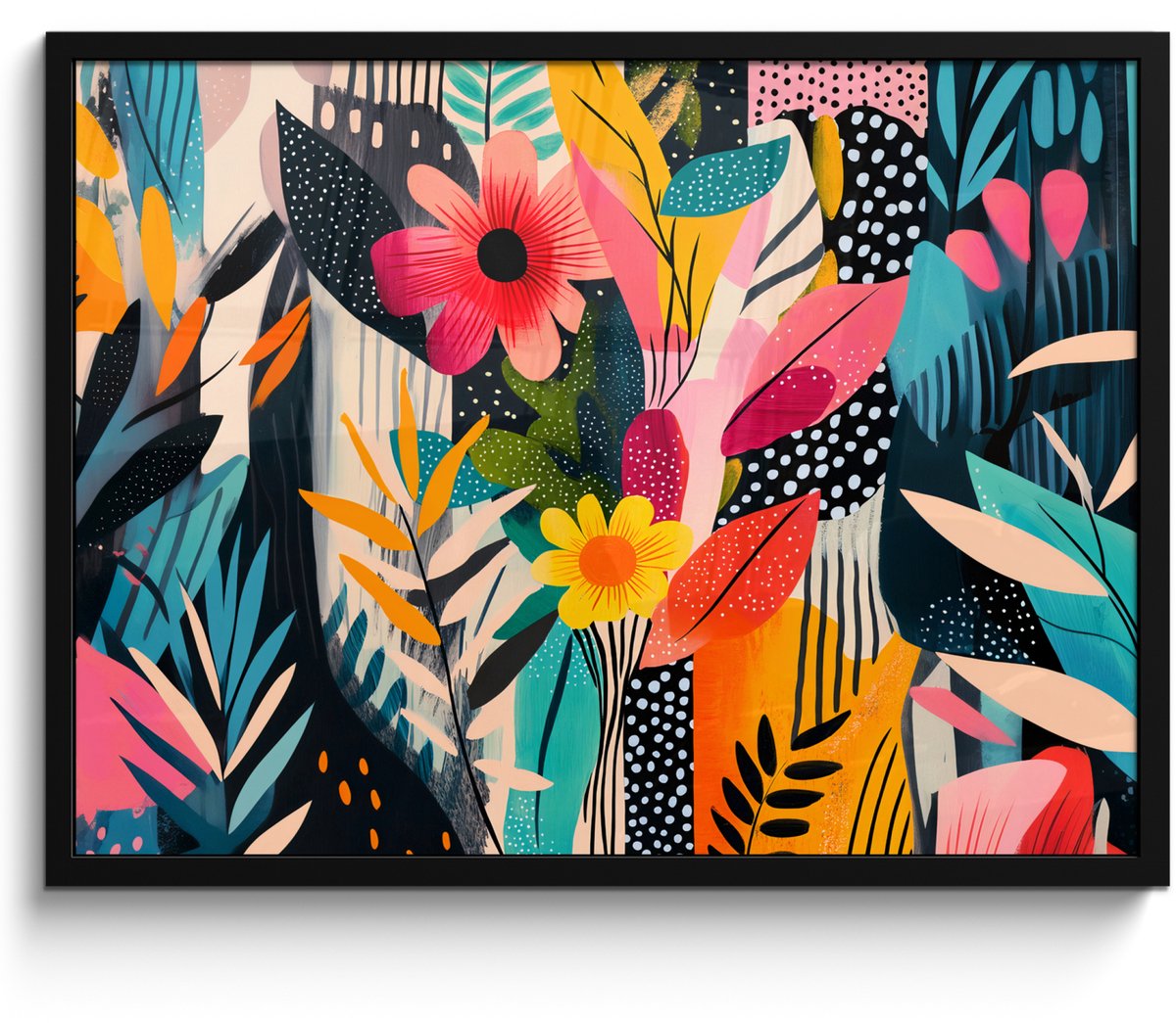 FrameYourWall Poster in lijst - Fotolijst 70x50 cm - Posters - Schilderij - Abstract - Bloemen - Roze - Posterlijst zwart - Decoratie - Wanddecoratie woonkamer - Muurdecoratie slaapkamer Bloemen - Bladeren - Kleurrijk
