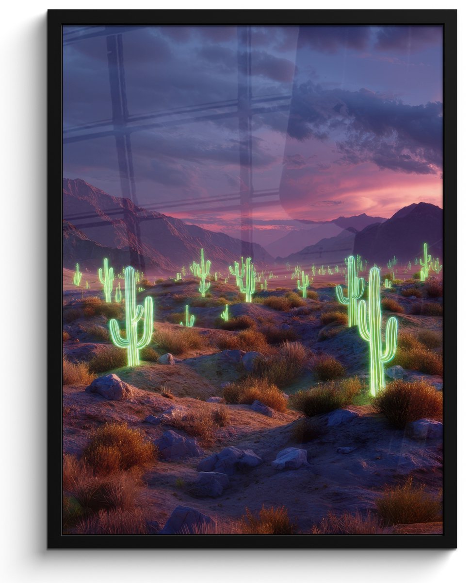 FrameYourWall Poster in lijst - Fotolijst 50x70 cm - Posters - Neon cactussen - Woestijn - Zonsondergang - Posterlijst zwart - Decoratie - Wanddecoratie woonkamer - Muurdecoratie slaapkamer Neon - cactus - Woestijn