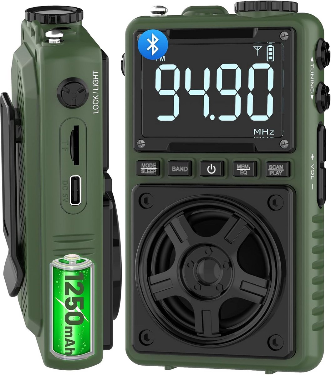 Draagbare AM FM Kortegolfradio met Bluetooth, Oplaadbaar, USB/SD MP3