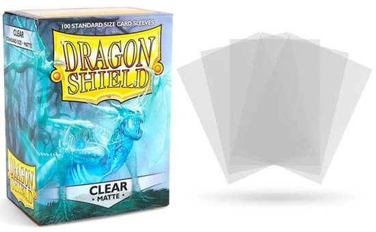 Doosje Dragon Shield Clear Matte kaarthoesjes met een draak erop. Vijf doorzichtige hoesjes ernaast.