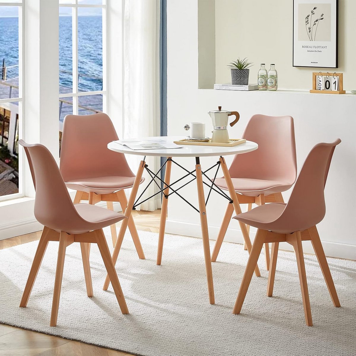 Ronde Eettafelset met 4 Scandinavische Stoelen voor Keuken of Woonkamer
