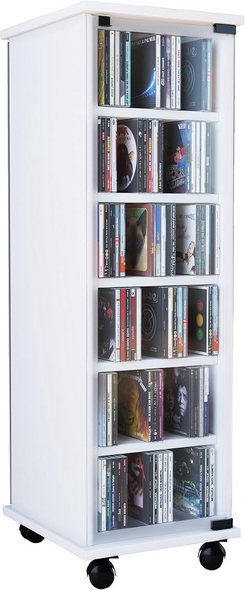 Houten CD DVD Opbergkast met Zwenkwielen en Glazen Deur
