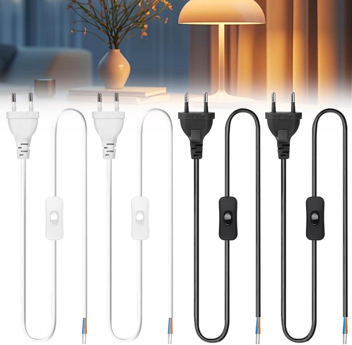 3 M Kabel Set met Schakelaar, 4 Stuks, Eurostekker, 2 x 0,75 mm² Vervangende Stroomkabel voor Lampen en Verlichting