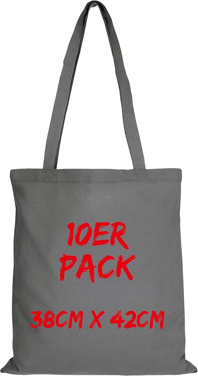Katoenen tas 10 stuks staalgrijs met lange hengsels 38 x 42 cm