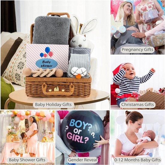 7 in 1 Pasgeboren Baby Cadeauset - Badhanddoek, Rustgevende Handdoek, Slabbetje, Rammelaar, Sokken, Wenskaart & Rieten Mand van Merkloos — afbeelding 5