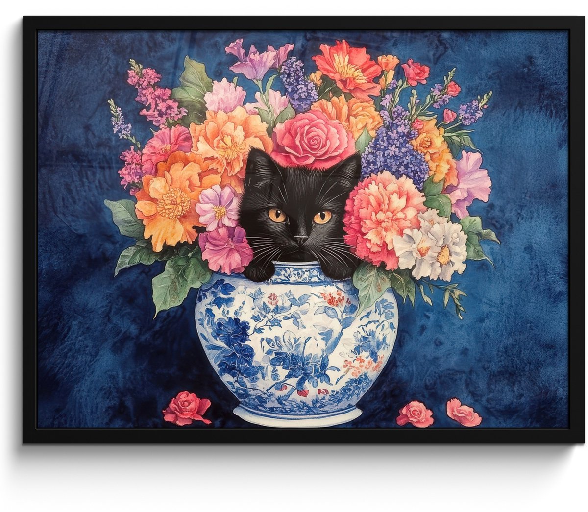 FrameYourWall Poster in lijst - Fotolijst 70x50 cm - Posters - Kat - Felgekleurde bloemen - Vaas - Posterlijst zwart - Decoratie - Wanddecoratie woonkamer - Muurdecoratie slaapkamer Kat - Bloemen - Vaas