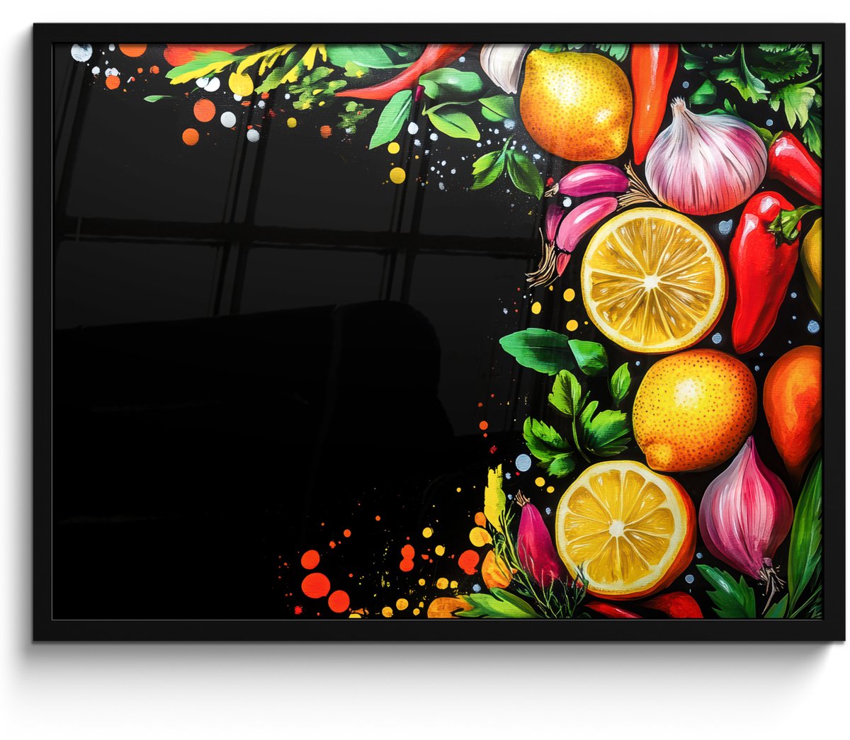 FrameYourWall Poster in lijst - Fotolijst 70x50 cm - Posters - Citroenen - Peper - Kruiden - Graffiti - Verf - Abstract - Posterlijst zwart - Decoratie - Wanddecoratie woonkamer - Muurdecoratie slaapkamer Graffiti - Fruit - Groente