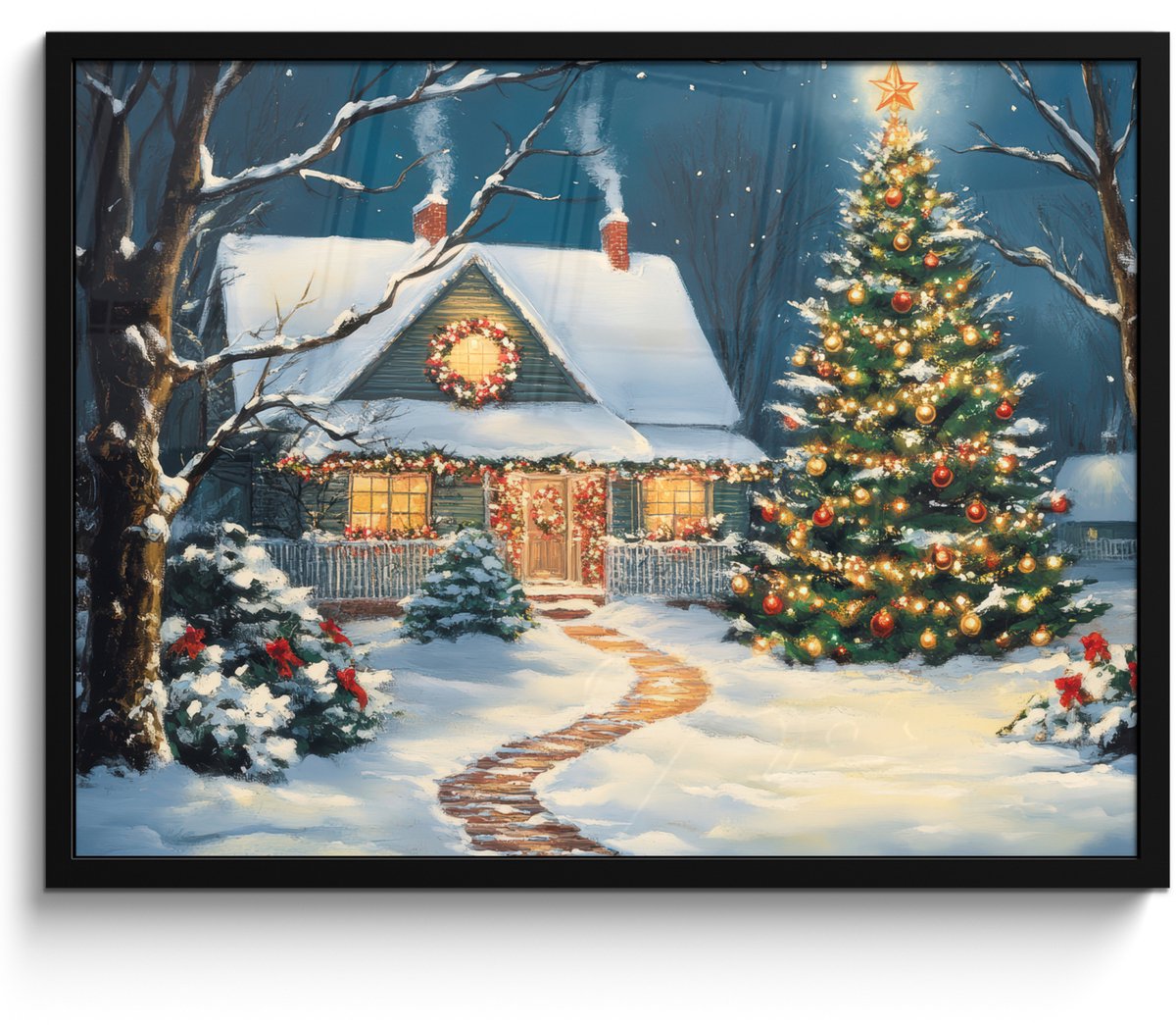 FrameYourWall Poster in lijst - Fotolijst 70x50 cm - Posters - Kerst - Kerstboom - Winter - Huis - Sneeuw - Posterlijst zwart - Decoratie - Wanddecoratie woonkamer - Kerstdecoratie voor binnen - Kerstversiering - Kerstmis versiering in huis - Christmas decorations Huis - Kerstboom