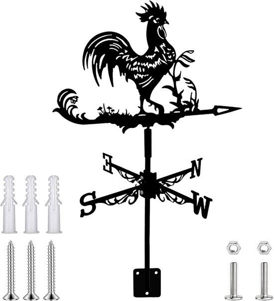 Coq métallique noir avec directions (N, S, E, O) et matériel de montage.