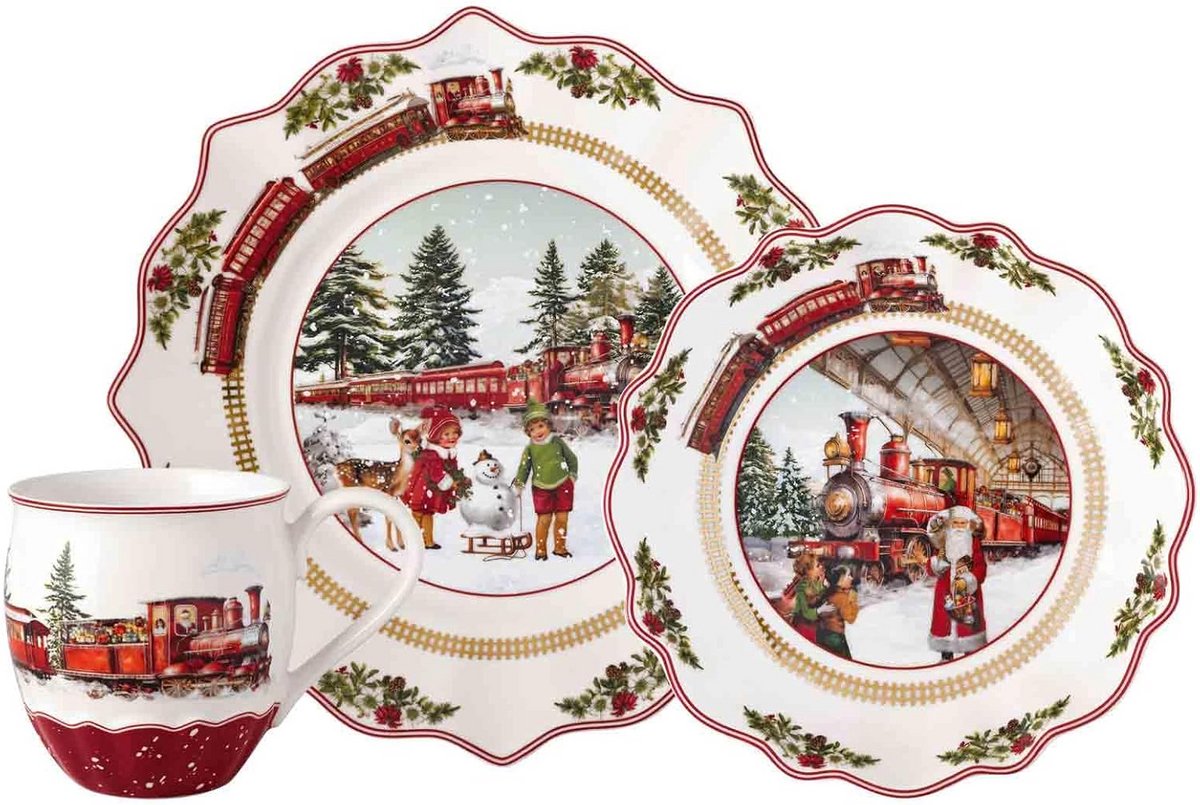 Kerstservies Set 2025 - Kleurrijk Ontbijtset met Beker, Kom en Bord van Premium Porselein