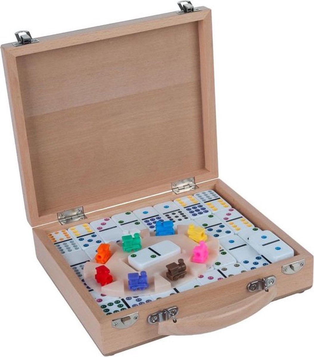 Domino Dubbel 12 Mexican Train – 91 Stenen met Gekleurde Ogen – Houten Kist met Schuifdeksel – Inclusief Station & Treinen – Strategisch Familiespel – Engelhart — afbeelding 9