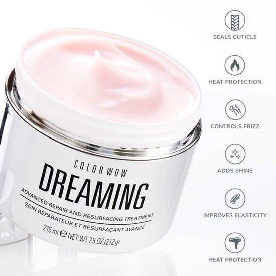 Color Wow Dreaming pot met roze crème, met iconen voor sealen, hittebescherming, ontpluizen, glans en elasticiteit.