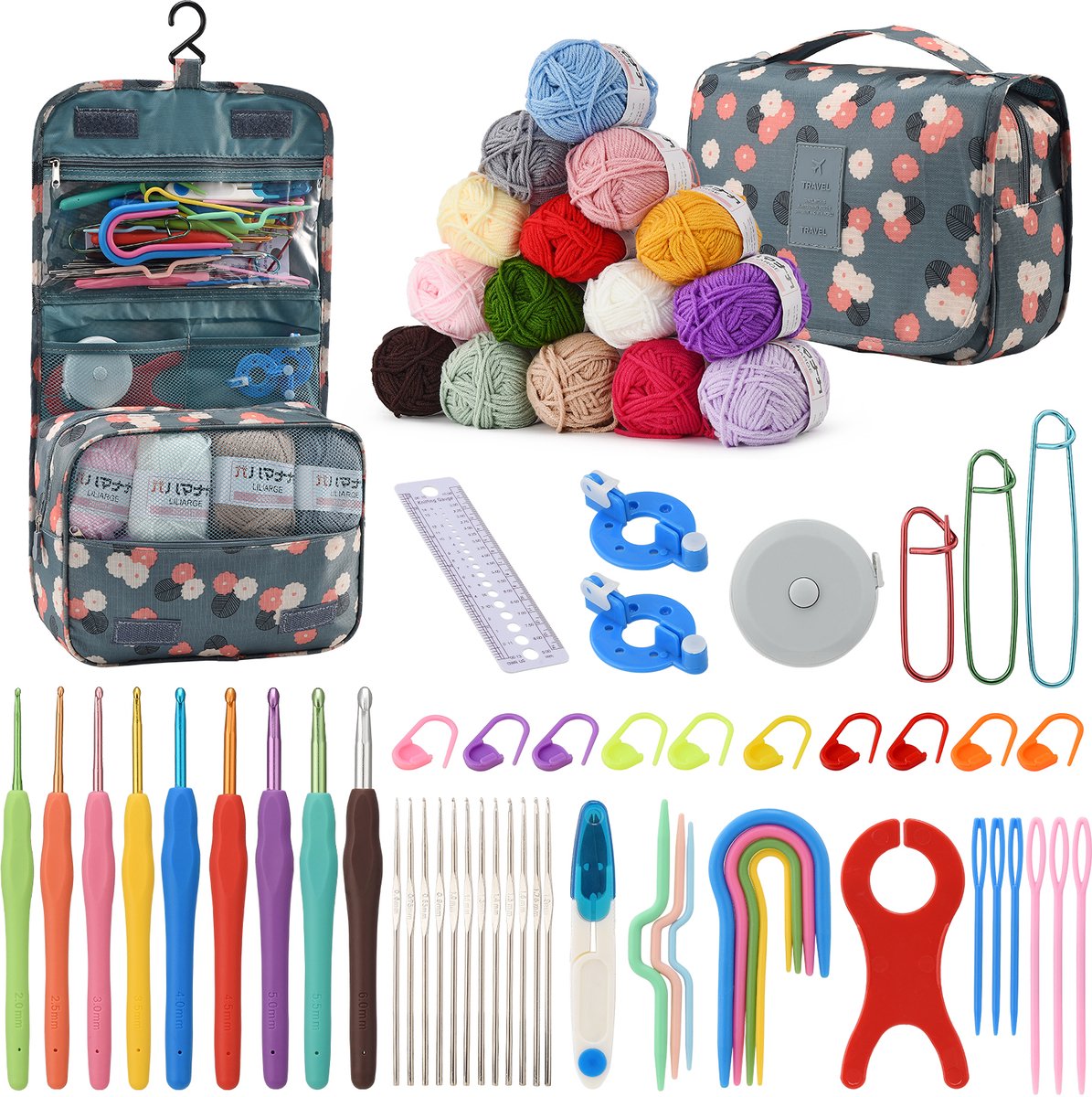 69 Delige Haaknaaldenset voor Beginners – Met 15 Wollen Bolletjes, Ergonomische Haaknaalden 2,0-6,0 mm, Wit Opbergtas & Complete Accessoires voor DIY