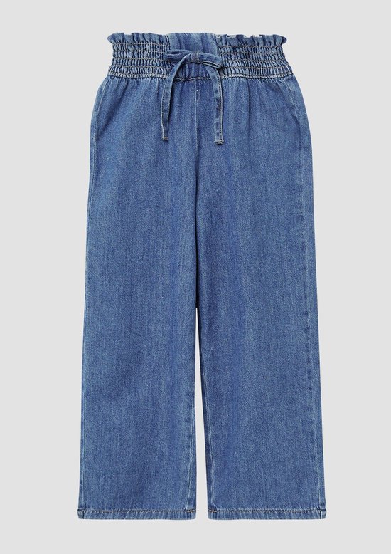 Wijde denim broek met hoge taille, strikceintuur en elastische tailleband.