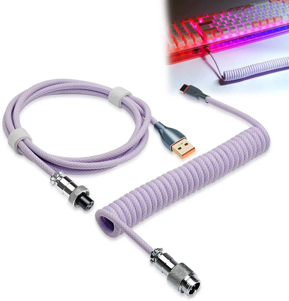 Opgerolde USB-C Kabel voor Mechanisch Toetsenbord met Afneembare Connector - 1.8m - TPU - Morandi Paars