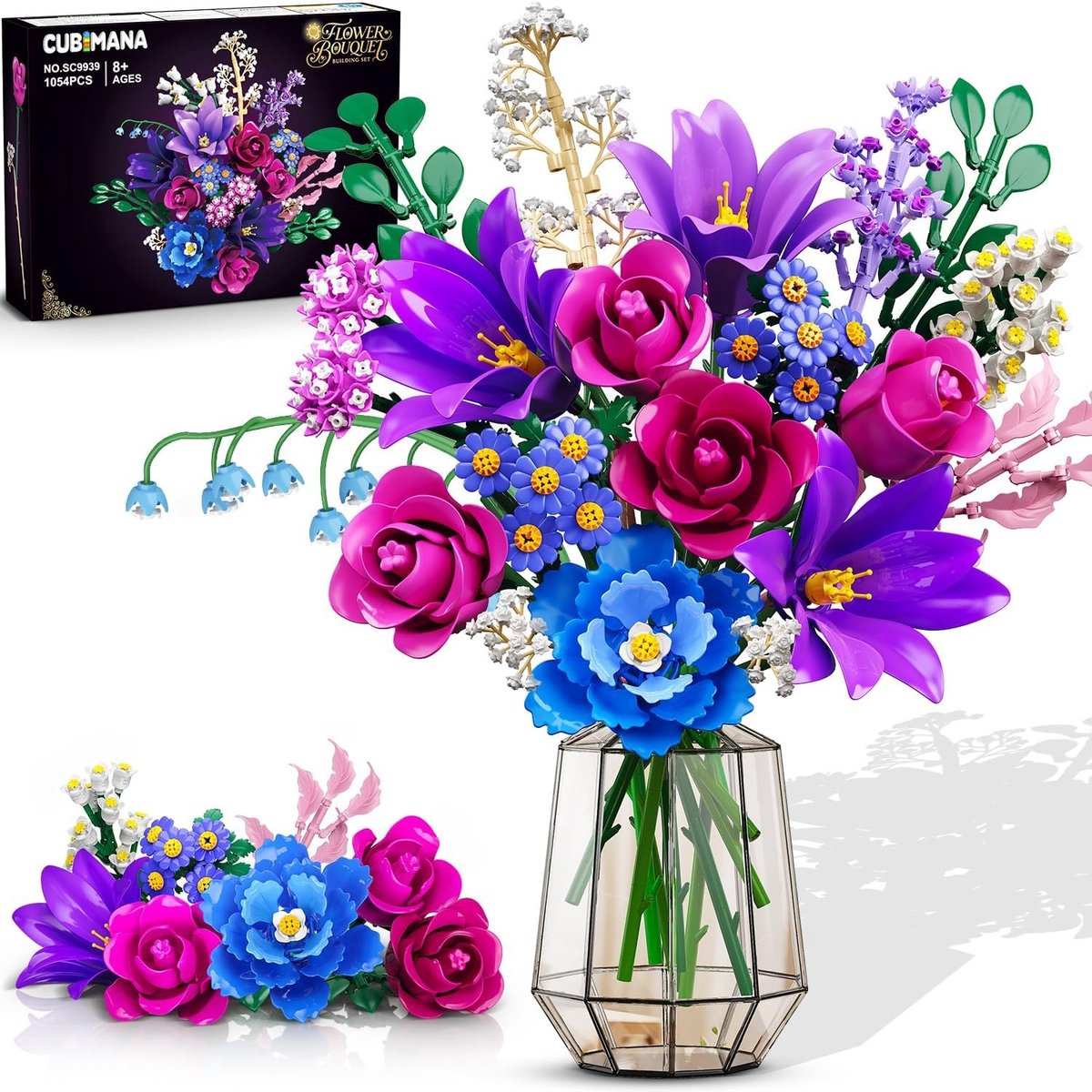 CUBIMANA Paars Rozen Boeket Bouwsets - 1054 Delen 21 Bloemen Met LED Licht - DIY Bloemen Decoratie Bouwpakket voor Haar Kinderen 8+