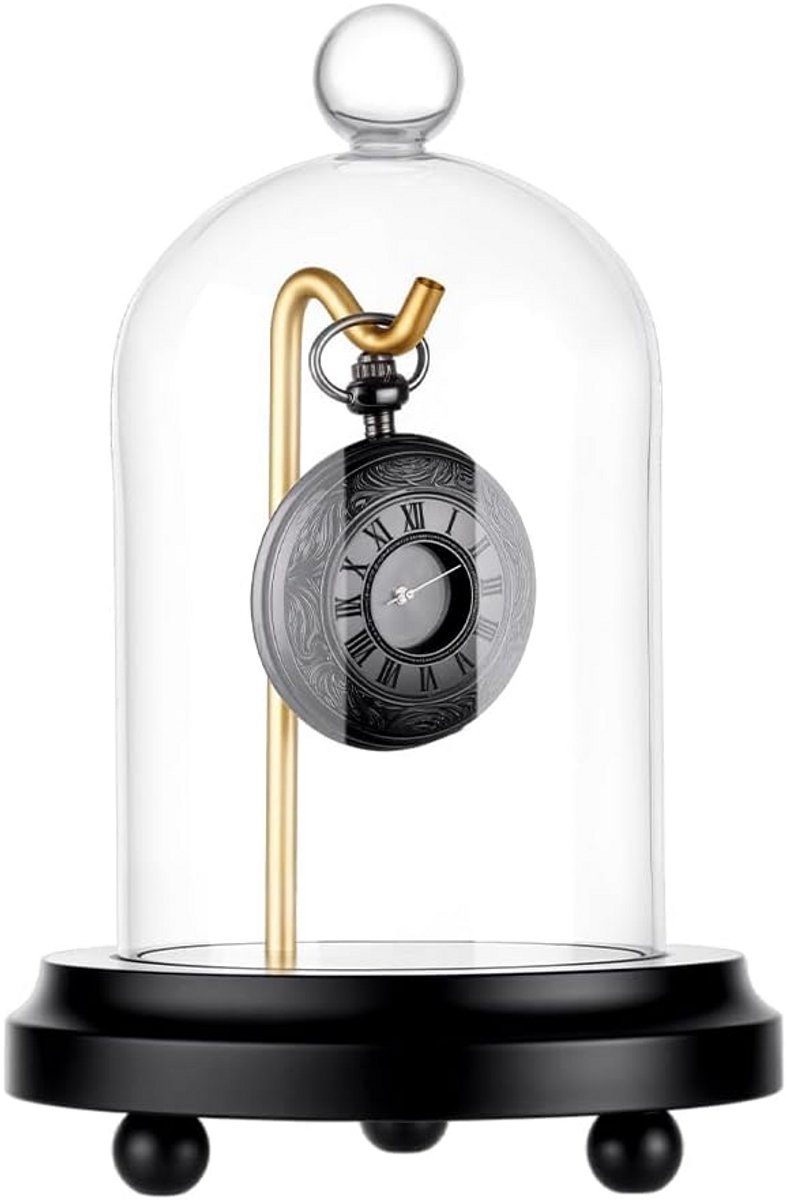 Glazen Vitrine voor Zakhorloge met Houten Basis en Houder - Presentatieklok voor Medailles en Verzamelobjecten