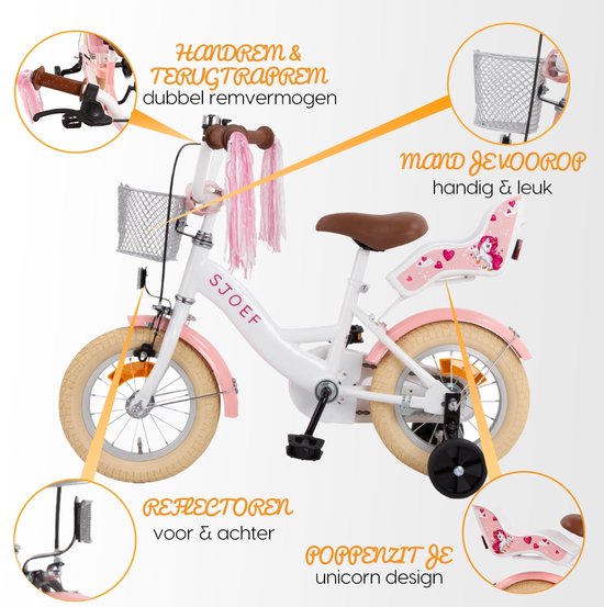 SJOEF Dolly Meisjesfiets 14 inch Roze - Unicorn Design - Kinderfiets met zijwieltjes 3, 4 & 5 jaar - 98-108 Kledingmaat - Witte Fiets 14 inch van SJOEF — afbeelding 4
