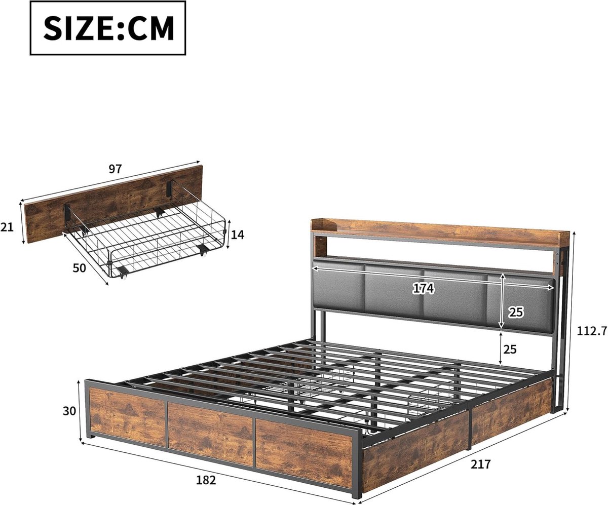 Tweepersoonsbed 180x200 cm met Opbergruimte en LED – Casa Velluto Panthera Grand Luxe Bedframe met 4 Lades, USB-Oplaadfunctie en Lattenbodem – Zwart Kunstlederen Hoofdbord & Metalen Frame