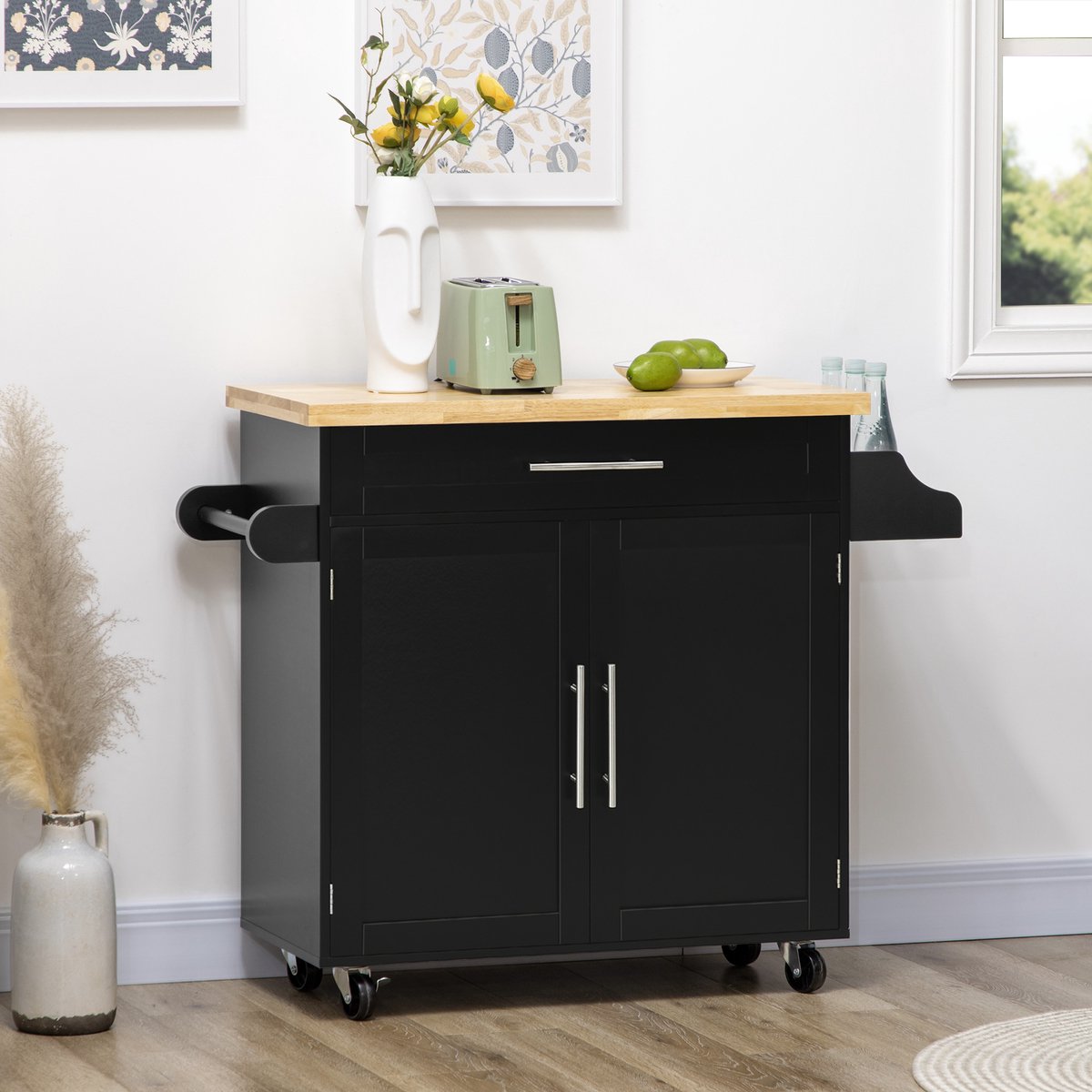 STILVORA Keukenwagen 109x40x89 cm – Werkblad Met Kruidenrek – Met Lade En Kast – Met Handdoekhouder En Wielen – Hout – Zonder Matras – Zwart