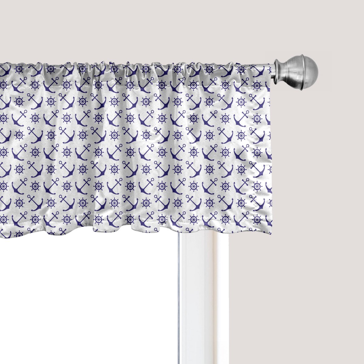 ABAKUHAUS Marineblauwe raamvalletje met anker en helmen, gordijnvalletje voor keuken en slaapkamer met tunnelzoom, 137 cm x 45 cm, donkerblauw wit