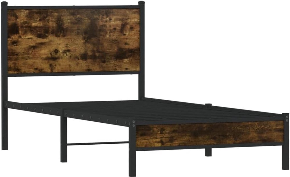 Eenpersoons Bedframe met Hoofdbord - Robuust Metalen Ledikant in Eikenkleur - 80x200 cm