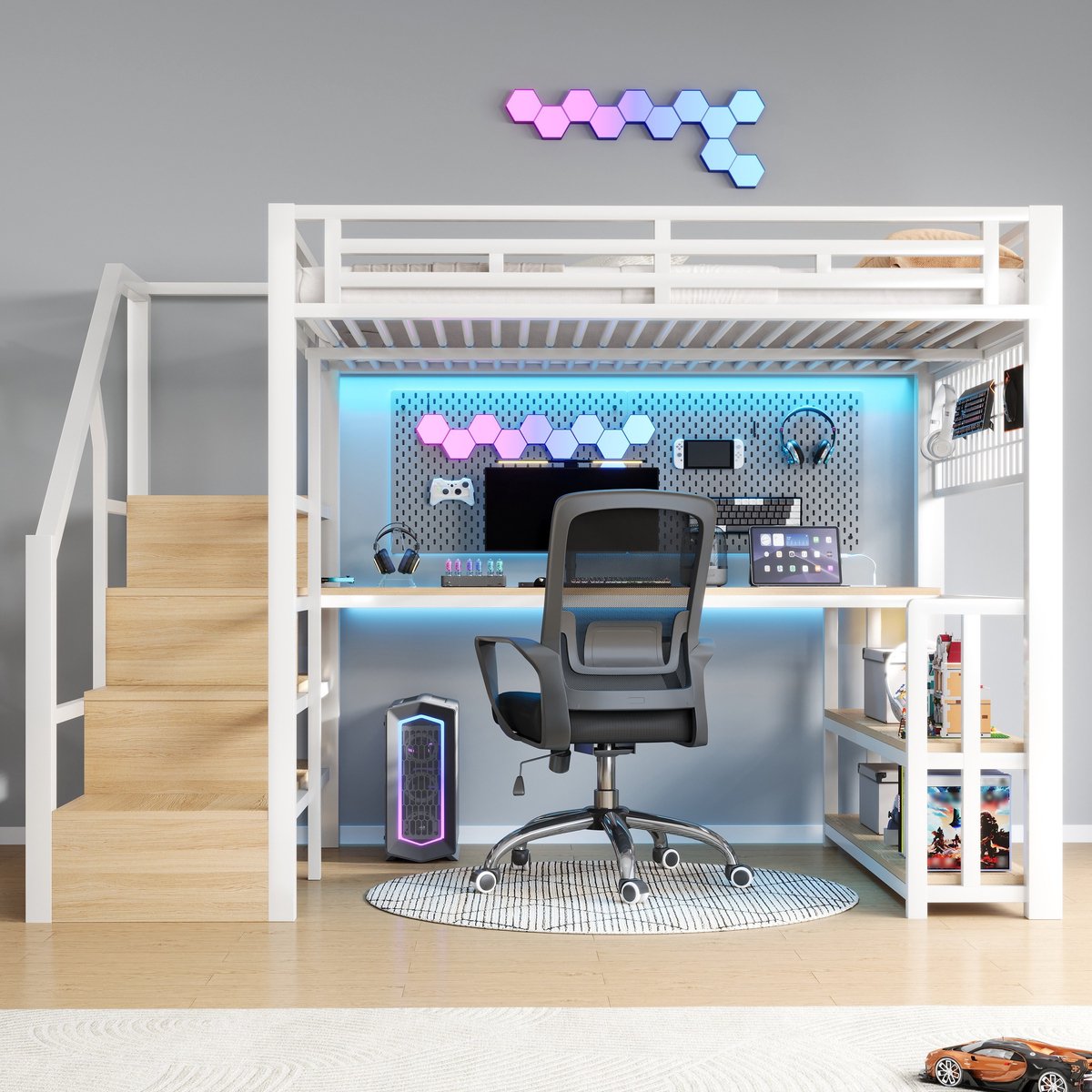 PHOEBE CAT Hoogslaper - 140 x 200 cm - Metalen frame - Opbergplanken - LED-verlichting - Met bureau - USB/Type-C - Wit