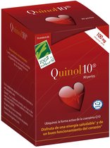 100 Natura Quinol 10, 90 parels met 100 mg ubiquinon Q10. Rode verpakking met hart-illustratie en "100% natural" logo.