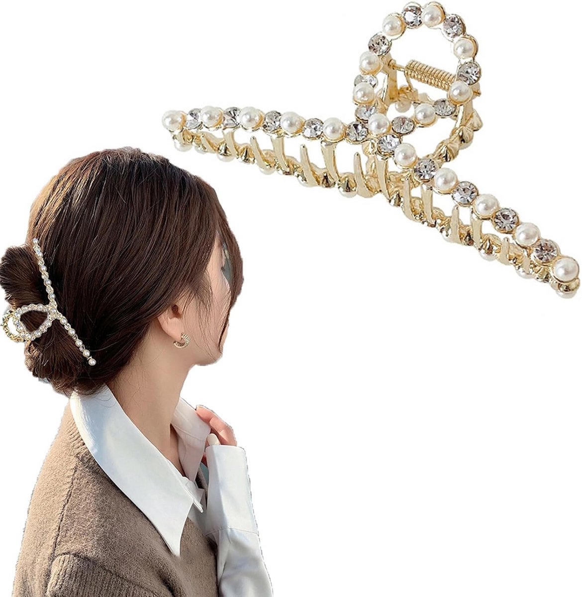 Grote Gouden Haarclip met Parel en Strass - Sterke Antislip Klem voor Dik Haar