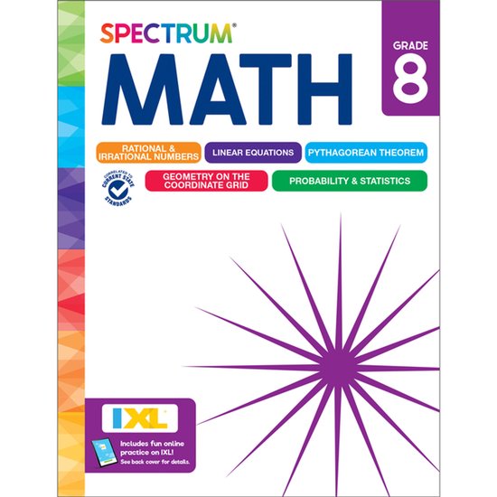 Spectrum Math Grade 8 werkboek met de onderwerpen Rationele en Irrationele Getallen, Lineaire Vergelijkingen, Stelling van Pythagoras, Coördinaten Meetkunde en Kansrekening & Statistiek.
