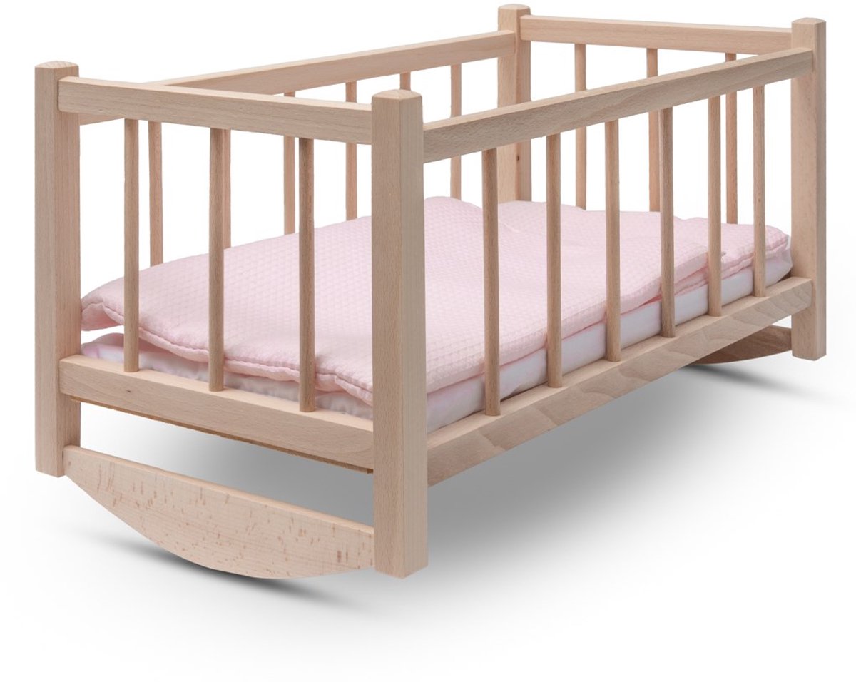Baby Mix - Poppenmeubel - Houten poppenwieg met beddengoed natural - poppenbed - speelgoed - kinderkamer - houten meubel - cadeau